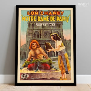 May include: Vintage movie poster for the film "Notre Dame de Paris" starring Lon Chaney. The poster features a colorful illustration of Quasimodo chained to a pillar in front of Notre Dame Cathedral. The text "Lon Chaney" and "Notre Dame de Paris" is in large, bold letters.