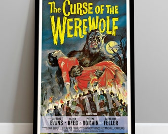 Könnte beinhalten: Vintage Filmplakat für den Film "Der Fluch des Werwolfs" in Eastman Color. Das Plakat zeigt einen Werwolf, der eine Frau in seinen Armen hält, mit einem Vollmond im Hintergrund. Das Plakat listet auch die Namen der Schauspieler auf, darunter Clifford Evans, Oliver Reed, Yvonne Romain und Catherine Feller.