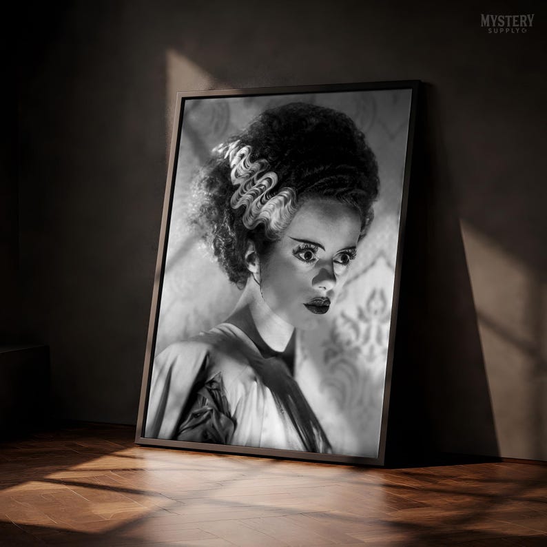 May include: A framed black and white portrait print featuring the Bride of Frankenstein with her signature tall, dark, wavy hair with white streaks on the sides. The subject has dark eyes, defined eyebrows, and dark lips, wearing a draped garment.