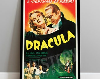 May include: A vintage movie poster for the 1931 film Dracula, featuring Bela Lugosi as Dracula, with the text "A Nightmare of Horror!" and "Dracula" in yellow letters.