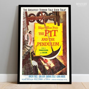 May include: Vintage movie poster for the film "The Pit and the Pendulum" starring Vincent Price. The poster features a yellow background with a black and white illustration of a man tied to a table with a large pendulum swinging above him. The text "The Greatest Terror Tale Ever Told!" is at the top of the poster.