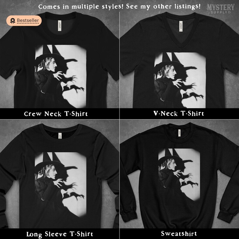 Wicked Witch of the West 1930s vintage profile with shadow Margaret Hamilton Wizard of Oz Halloween Horror Mens Womens Unisex multiple product listings from Mystery Supply Co. @mysterysupplyco