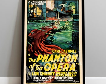 May include: A vintage movie poster for "The Phantom of the Opera" featuring Lon Chaney, Norman Kerry, and Mary Philbin. The poster is in black and white with a red and green color scheme. The poster features a scene from the movie with the Phantom in the water.