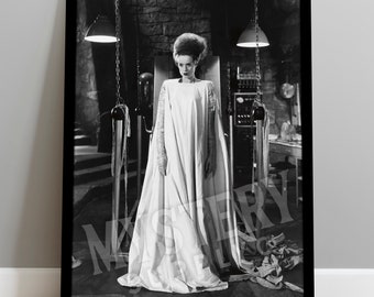 May include: A black and white framed poster featuring a figure with a tall, dark, voluminous hairstyle wearing a long, flowing white gown with bandage-like arm coverings. The figure stands in a laboratory setting with hanging chains and lamps.