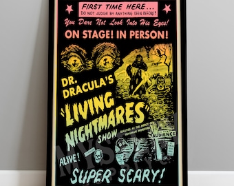 Dr. Dracula's Living Nightmares Show 1960s Vintage Horror Spook Show Monster Skeleton Poster / Wall Decor Art Print #179