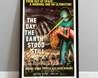 May include: A vintage movie poster for the science fiction film "The Day the Earth Stood Still". The poster features a green alien holding a human woman in its hand, with a beam of light shooting from its eyes. The poster is set against a backdrop of a city skyline and a dark sky with stars.