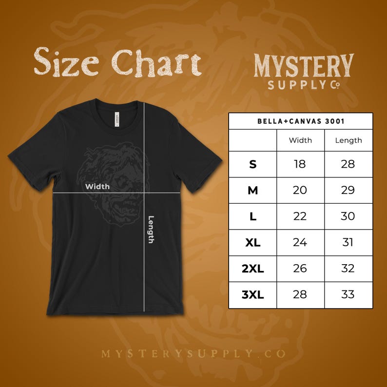 Horror Sci-Fi Tshirt Apparel Size Chart - Mens Womens Unisex T-Shirt Sizes from Mystery Supply Co. @mysterysupplyco