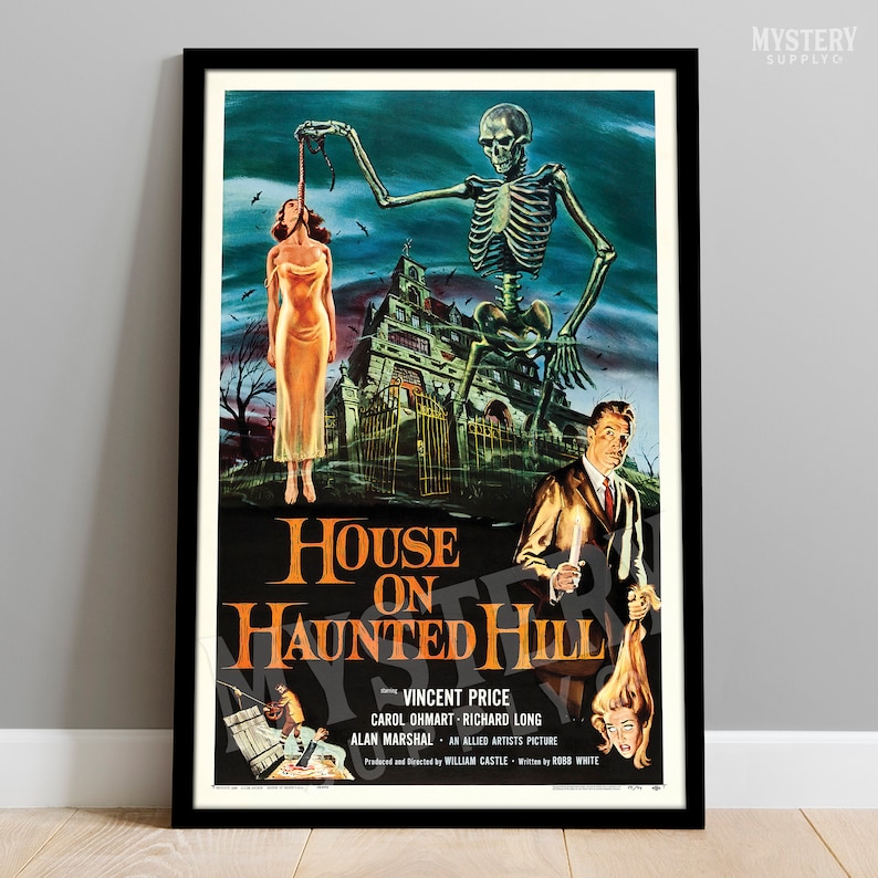 House on Haunted Hill 1959 vintage horror skeleton Vincent Price movie poster reproduction from Mystery Supply Co. @mysterysupplyco