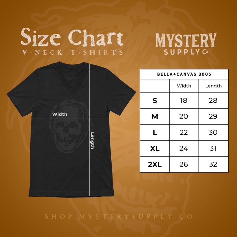 Horror Sci-Fi Tshirt Apparel Size Chart - Mens Womens Unisex V-Neck T-Shirt Sizes from Mystery Supply Co. @mysterysupplyco
