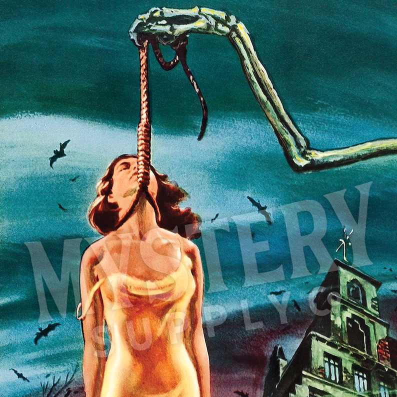 House on Haunted Hill 1959 vintage horror skeleton Vincent Price movie poster reproduction from Mystery Supply Co. @mysterysupplyco
