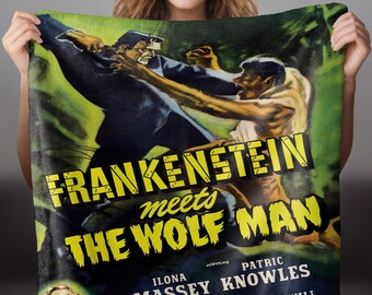 Frankenstein Meets the Wolf Man Vintage Horror Monster Werewolf Velveteen Plush Blanket / Throw Blanket / Halloween Decor / Horror Decor