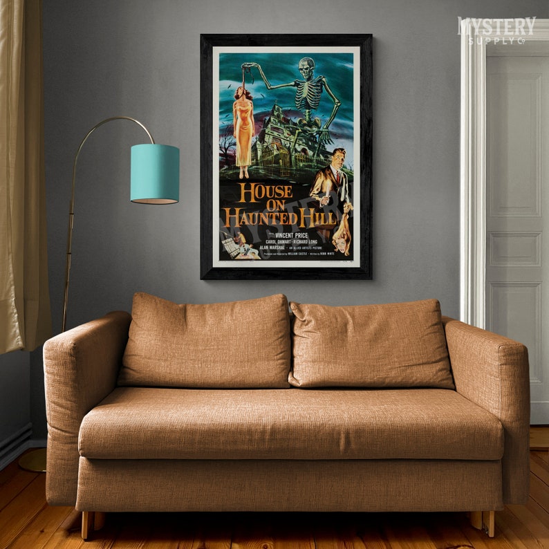 House on Haunted Hill 1959 vintage horror skeleton Vincent Price movie poster reproduction from Mystery Supply Co. @mysterysupplyco