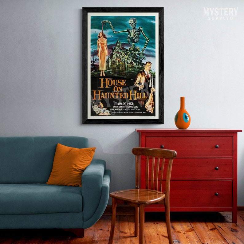 House on Haunted Hill 1959 vintage horror skeleton Vincent Price movie poster reproduction from Mystery Supply Co. @mysterysupplyco