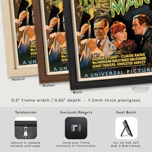 May include: A framed movie poster for The Invisible Man featuring a man holding a test tube and a woman, available in natural, walnut, or black frames. Features 0.5-inch wide frames, 0.65-inch depth, 1-2mm thick plexiglass, turnbuttons, and sawtooth hangers.