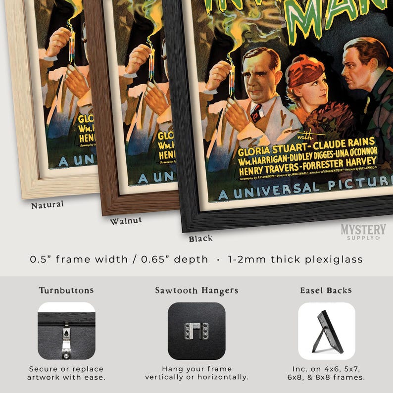 May include: A framed movie poster for The Invisible Man featuring a man holding a test tube and a woman, available in natural, walnut, or black frames. Features 0.5-inch wide frames, 0.65-inch depth, 1-2mm thick plexiglass, turnbuttons, and sawtooth hangers.