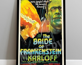 May include: A vintage movie poster for the film "The Bride of Frankenstein" starring Boris Karloff. The poster features a black and white image of the Bride and Frankenstein's monster with the text "more fearful than the monster himself!" and "The Bride of Frankenstein starring Karloff".