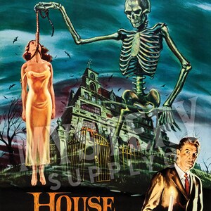 House on Haunted Hill 1959 vintage horror skeleton Vincent Price movie poster reproduction from Mystery Supply Co. @mysterysupplyco