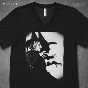Wicked Witch of the West 1930s vintage profile with shadow Margaret Hamilton Wizard of Oz Halloween Horror Mens Womens Unisex V-Neck T-Shirt from Mystery Supply Co. @mysterysupplyco