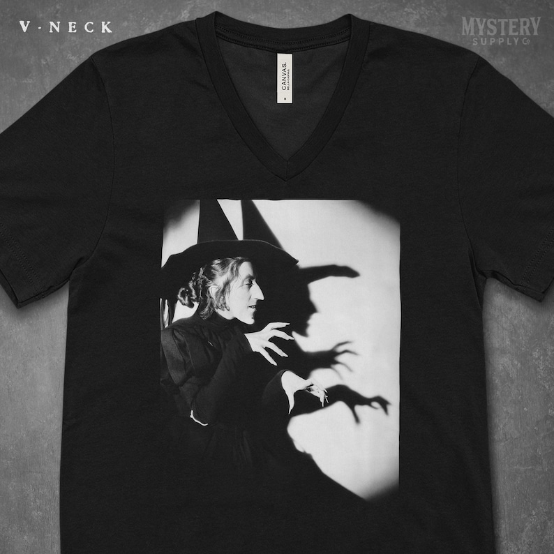 Wicked Witch of the West 1930s vintage profile with shadow Margaret Hamilton Wizard of Oz Halloween Horror Mens Womens Unisex V-Neck T-Shirt from Mystery Supply Co. @mysterysupplyco