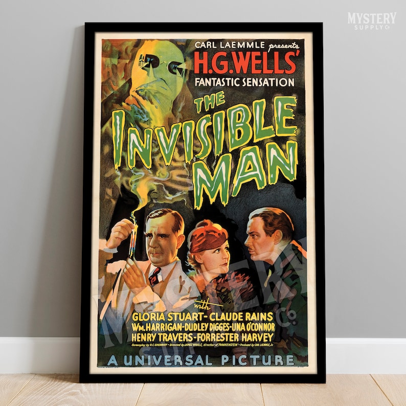 Invisible Man 1933 vintage horror monster H.G. Wells movie poster reproduction from Mystery Supply Co. @mysterysupplyco