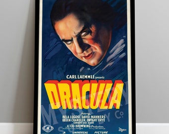 May include: A framed vintage movie poster for the film "Dracula." The poster features a portrait of Bela Lugosi as Dracula, with the title in large yellow and red letters. The poster includes the names of the cast and production details.