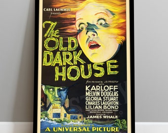 May include: Vintage movie poster for "The Old Dark House" starring Boris Karloff. The poster features a woman with blonde hair looking terrified, a man with a green face, and a large house in the background. The poster is in black, yellow, green, and red.