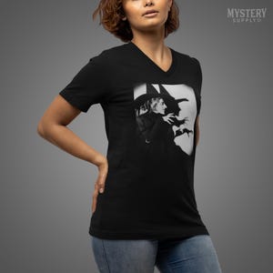 Wicked Witch of the West 1930s vintage profile with shadow Margaret Hamilton Wizard of Oz Halloween Horror Mens Womens Unisex V-Neck T-Shirt from Mystery Supply Co. @mysterysupplyco