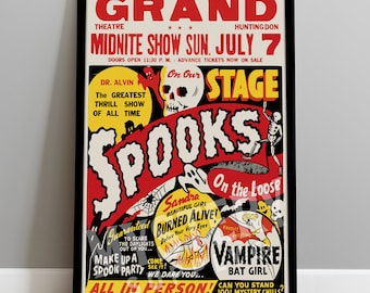 Spooks on the Loose Ghost Show 1950s Vintage Ghost Skeleton Skull Vampire Horror Poster / Wall Decor Art Print