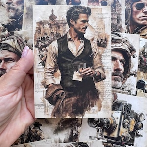Peut inclure: Une impression d'art rectangulaire présentant une illustration sépia d'un homme en gilet et chemise à col tenant un verre, superposée à des écritures vintage et des croquis architecturaux, entourée d'un collage d'autres impressions historiques.