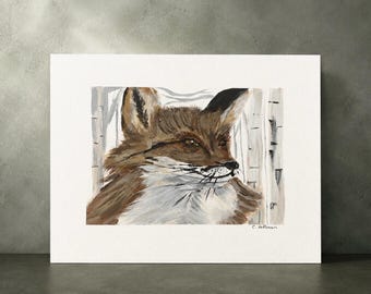 Pintura original de 8x10 pulgadas de un zorro en gouache, arte de animales del bosque – Entre los abedules