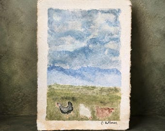 Pintura original de acuarela de 5x7 de un pollo, arte de granja en las montañas Catskill – Bajo un cielo de Catskill