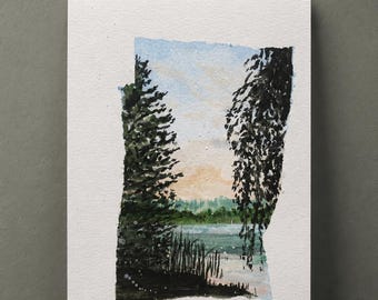 Paisaje original en acuarela de 5x7 pulgadas, obra de arte de puesta de sol junto al lago: donde el agua sostiene el cielo.