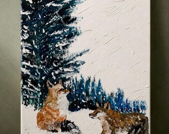 Pintura original de un zorro, 12x16, acrílico texturizado, arte de bosque invernal – Primeras impresiones