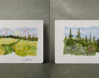 Mini acuarela de paisaje a doble cara, 3,5 x 5,5 cm. Obra de arte original de pradera y bosque.