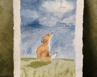 Pintura original de 5x7 pulgadas de un zorro en acuarela, arte animal del bosque a la luz de la luna – La luna conoce mi nombre
