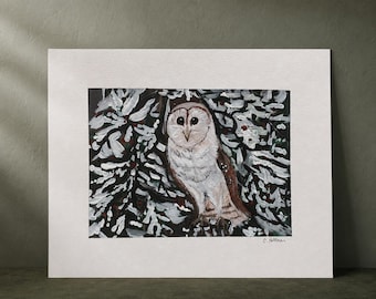 Pintura original de búho en gouache de 8x10, arte de bosque nevado – Reloj de bayas de nieve