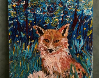 Pintura original de un zorro, 12x16, acrílico texturizado, arte del bosque – Guardián del bosque