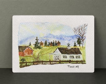 Paisaje original en miniatura de acuarela de Tivoli NY, 3,5 x 5,5 cm. Arte de granja del valle del Hudson.