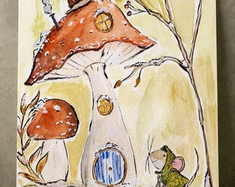 Acuarela original de ratón de 8x10, arte caprichoso de cabaña de setas – Cambio de estaciones