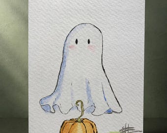 Mini acuarela original de fantasma, 3.5x5.5 Arte de calabaza de Halloween