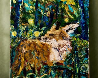 Pintura original de un zorro, 12x16, acrílico texturizado, arte del bosque – Curiosidad crepuscular