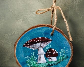 Adorno de seta pintado a mano, rodaja de madera de 10 cm (4 pulgadas) para decoración de bosque.