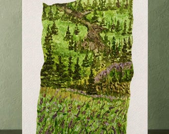 Paisaje original en acuarela de 5x7 pulgadas, arte de pradera de flores silvestres en el bosque – Donde trepan las flores silvestres