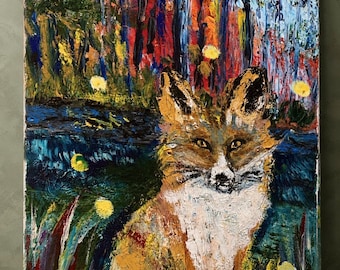 Pintura original de un zorro, 12x16, acrílico texturizado, arte del bosque – Al atardecer