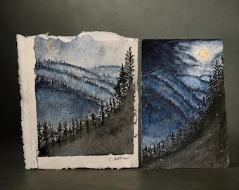 Dos lunas sobre las montañas Catskill: conjunto de acuarelas originales, miniatura de arte de montaña iluminada por la luna.