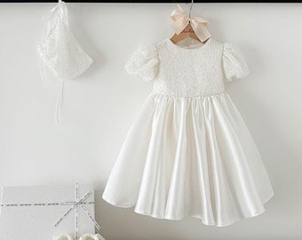 Beaded Pearl Lace Mikado Short Christening Dress Christening Gown Outfit Baptism Dress Baby Girl Dress Flower Girl Dress