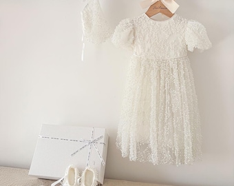 Heavy Pearl Lace Short Christening Dress Christening Gown Outfit Baptism Dress Baby Girl Dress Flower Girl Dress Newborn Gift