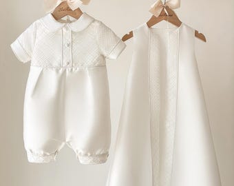 Lace Mikado Boys Christening Gown Baptism Outfit Baby Boy Romper Cape Newborn Baby Gift Heirloom Gown