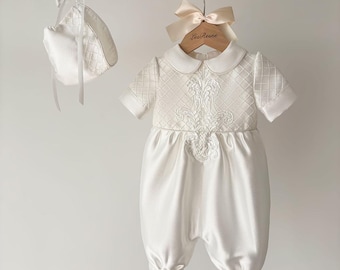 Mikado Lace Boys Christening Gown Baptism Outfit Baby Boy Romper Newborn Baby Gift Heirloom Gown