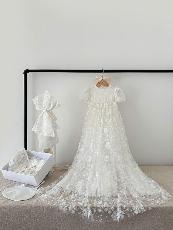 Beaded Lace Christening Dress Baby Girl Christening Gown Outfit Christening Gift Box Christening Bib Candle Bow Baptism Dress